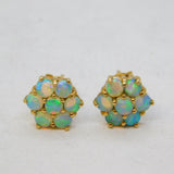 9ct Yellow Gold Opal Set Floral Cluster Stud Earrings Vintage c1970s