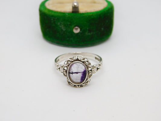 Sterling Silver & Derbyshire Blue John Floral Dress Ring 1975 Birmingham