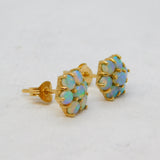 9ct Yellow Gold Opal Set Floral Cluster Stud Earrings Vintage c1970s