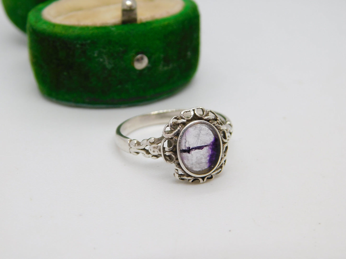 Sterling Silver & Derbyshire Blue John Floral Dress Ring 1975 Birmingham