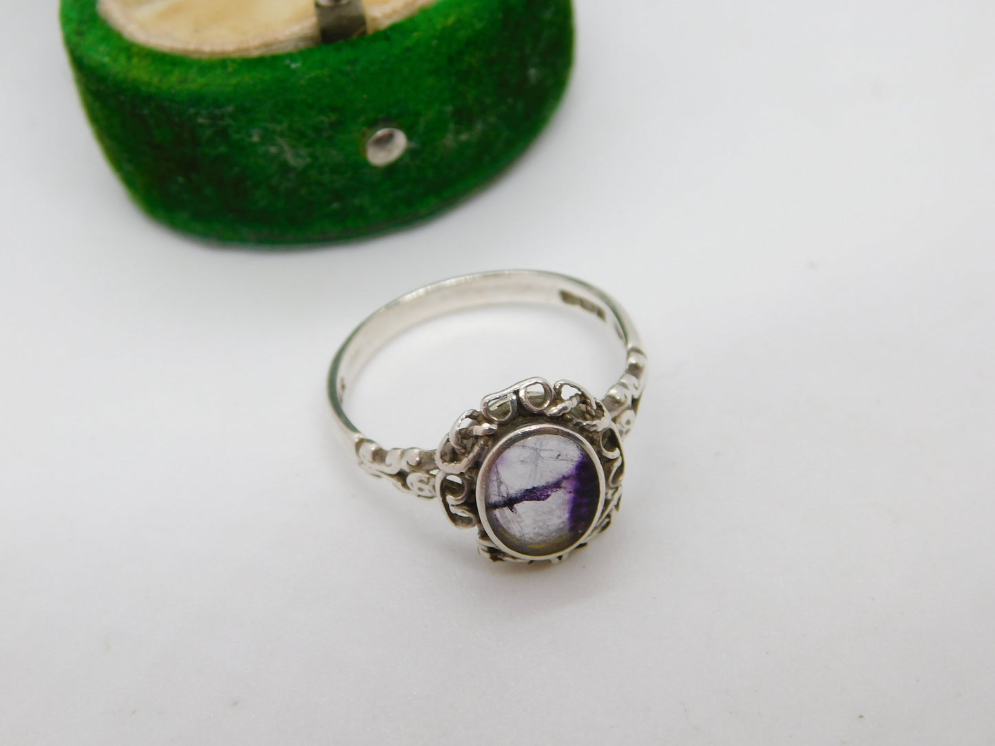 Sterling Silver & Derbyshire Blue John Floral Dress Ring 1975 Birmingham