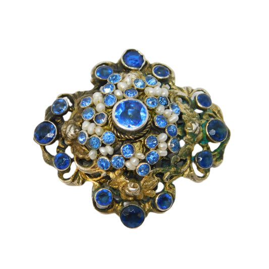 19th Century Austro-Hungarian Silver, Sapphire, Seed Pearl Brooch Antique c1860