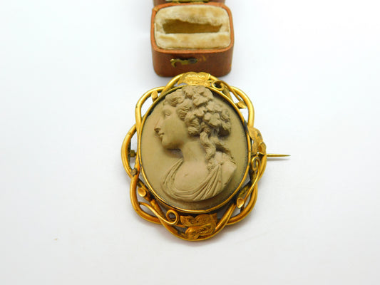 Victorian Pinchbeck & Carved Lava High Relief Cameo Brooch c1850 Antique