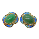 Chinese Export Sterling Silver Gilt, Enamel, Jade Clip-On Earrings Antique c1930