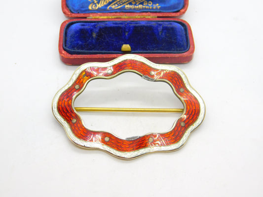 Edwardian Sterling Silver Gilt & Red-White Guilloche Enamel Buckle Brooch 1905