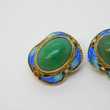 Chinese Export Sterling Silver Gilt, Enamel, Jade Clip-On Earrings Antique c1930