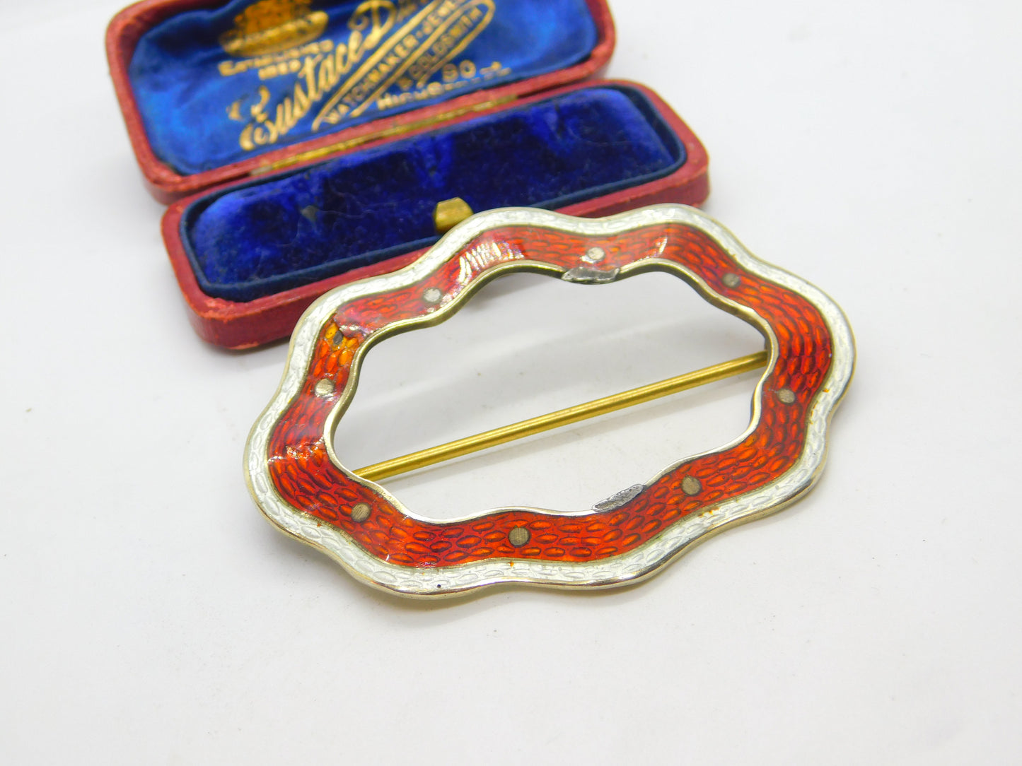 Edwardian Sterling Silver Gilt & Red-White Guilloche Enamel Buckle Brooch 1905