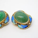 Chinese Export Sterling Silver Gilt, Enamel, Jade Clip-On Earrings Antique c1930