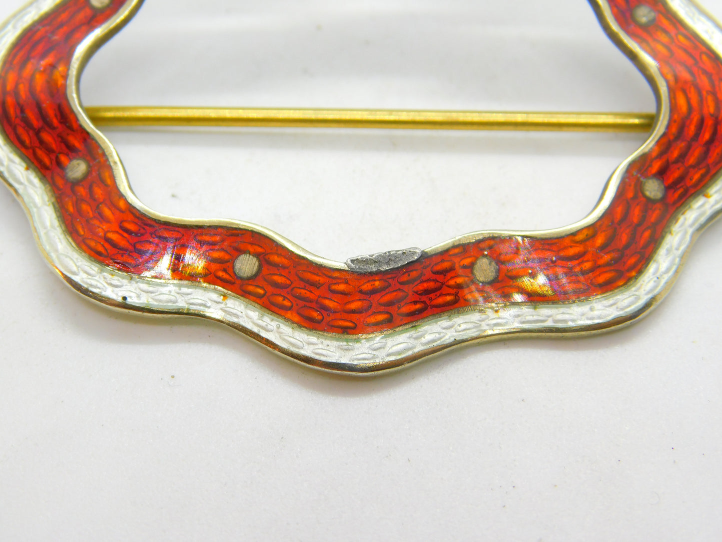 Edwardian Sterling Silver Gilt & Red-White Guilloche Enamel Buckle Brooch 1905