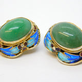 Chinese Export Sterling Silver Gilt, Enamel, Jade Clip-On Earrings Antique c1930