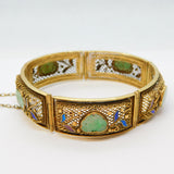 Chinese Export Sterling Silver Gilt, Enamel, Jade Panel Bracelet Antique c1930