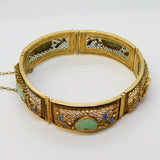 Chinese Export Sterling Silver Gilt, Enamel, Jade Panel Bracelet Antique c1930