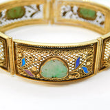 Chinese Export Sterling Silver Gilt, Enamel, Jade Panel Bracelet Antique c1930