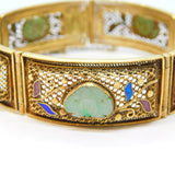Chinese Export Sterling Silver Gilt, Enamel, Jade Panel Bracelet Antique c1930