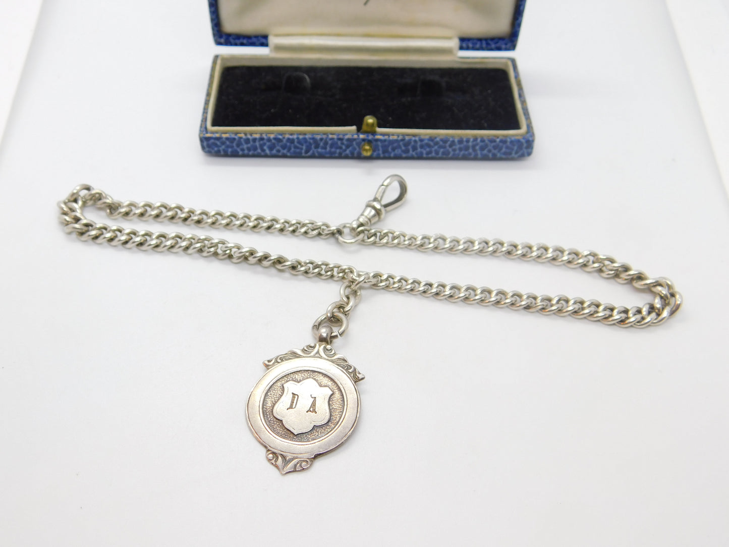 Sterling Silver Graduating Albert Watch Chain 1912 Art Deco with Fob Birmingham