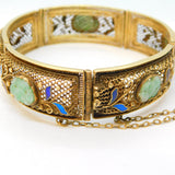 Chinese Export Sterling Silver Gilt, Enamel, Jade Panel Bracelet Antique c1930
