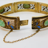 Chinese Export Sterling Silver Gilt, Enamel, Jade Panel Bracelet Antique c1930