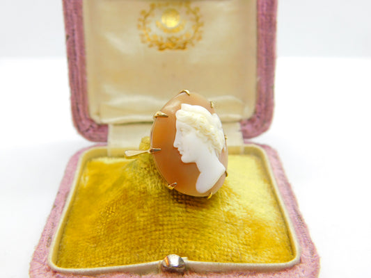 Large 9ct Yellow Gold & Classical Shell Cameo Dress Ring Antique c1930 Art Deco