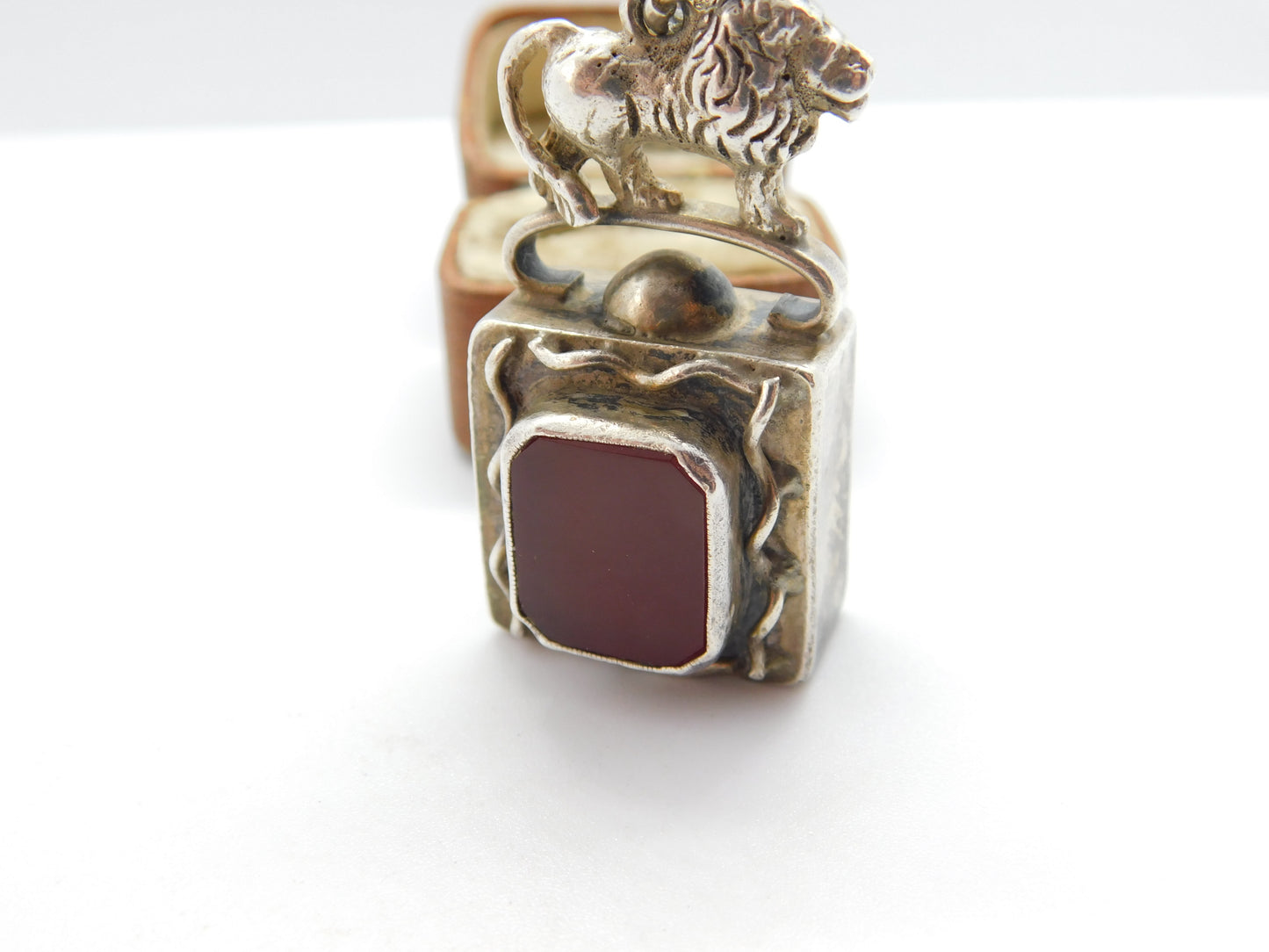 Victorian Australian Large Sterling Silver Carnelian Set Lion Pendant c1890