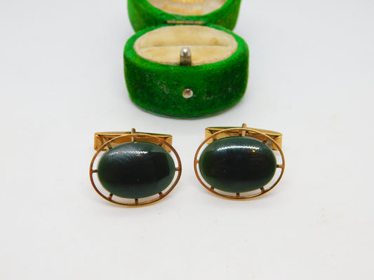 9ct Yellow Gold Nephrite Jade Set Gents Cufflinks Antique c1920 Art Deco