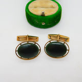 9ct Yellow Gold Nephrite Jade Set Gents Cufflinks Antique c1920 Art Deco