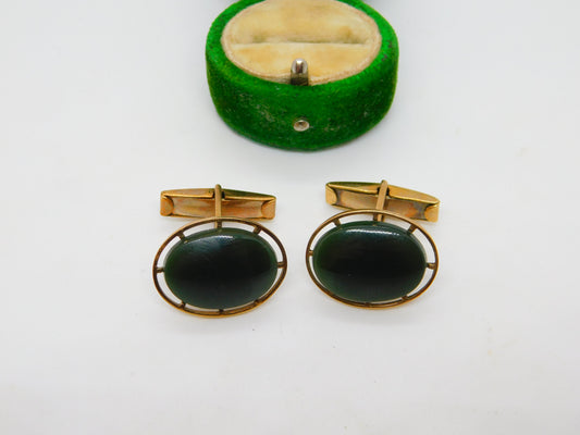 9ct Yellow Gold Nephrite Jade Set Gents Cufflinks Antique c1920 Art Deco