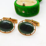 9ct Yellow Gold Nephrite Jade Set Gents Cufflinks Antique c1920 Art Deco