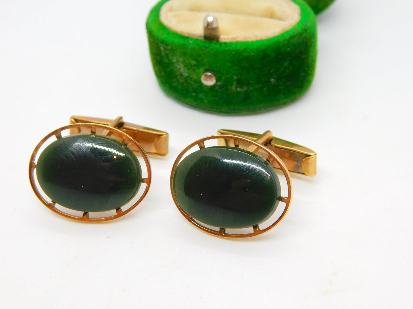 9ct Yellow Gold Nephrite Jade Set Gents Cufflinks Antique c1920 Art Deco