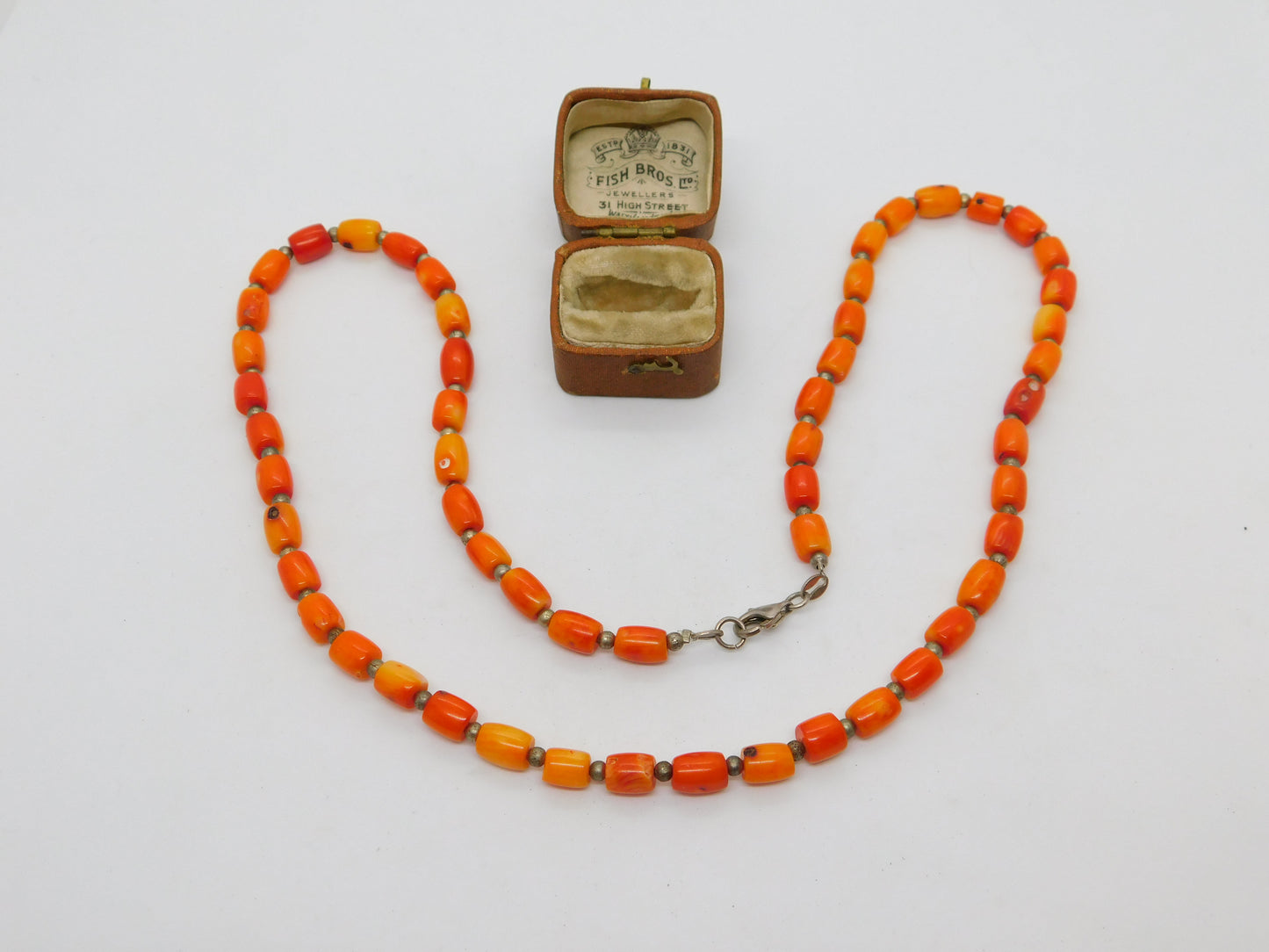 Sterling Silver & Natural Carved Red Coral Bead Necklace Antique c1930 58cm