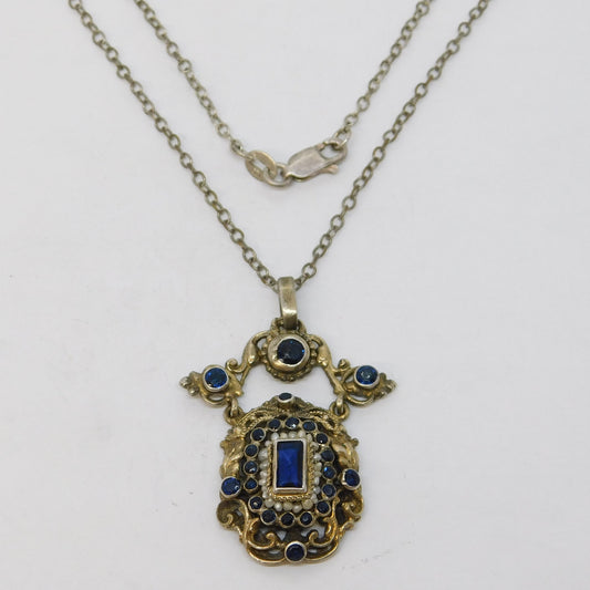 19th Century Austro-Hungarian Silver, Sapphire, Seed Pearl Pendant Necklace c1860