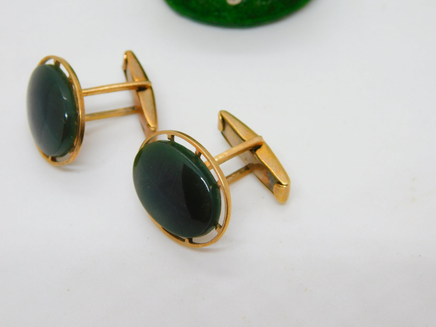 9ct Yellow Gold Nephrite Jade Set Gents Cufflinks Antique c1920 Art Deco