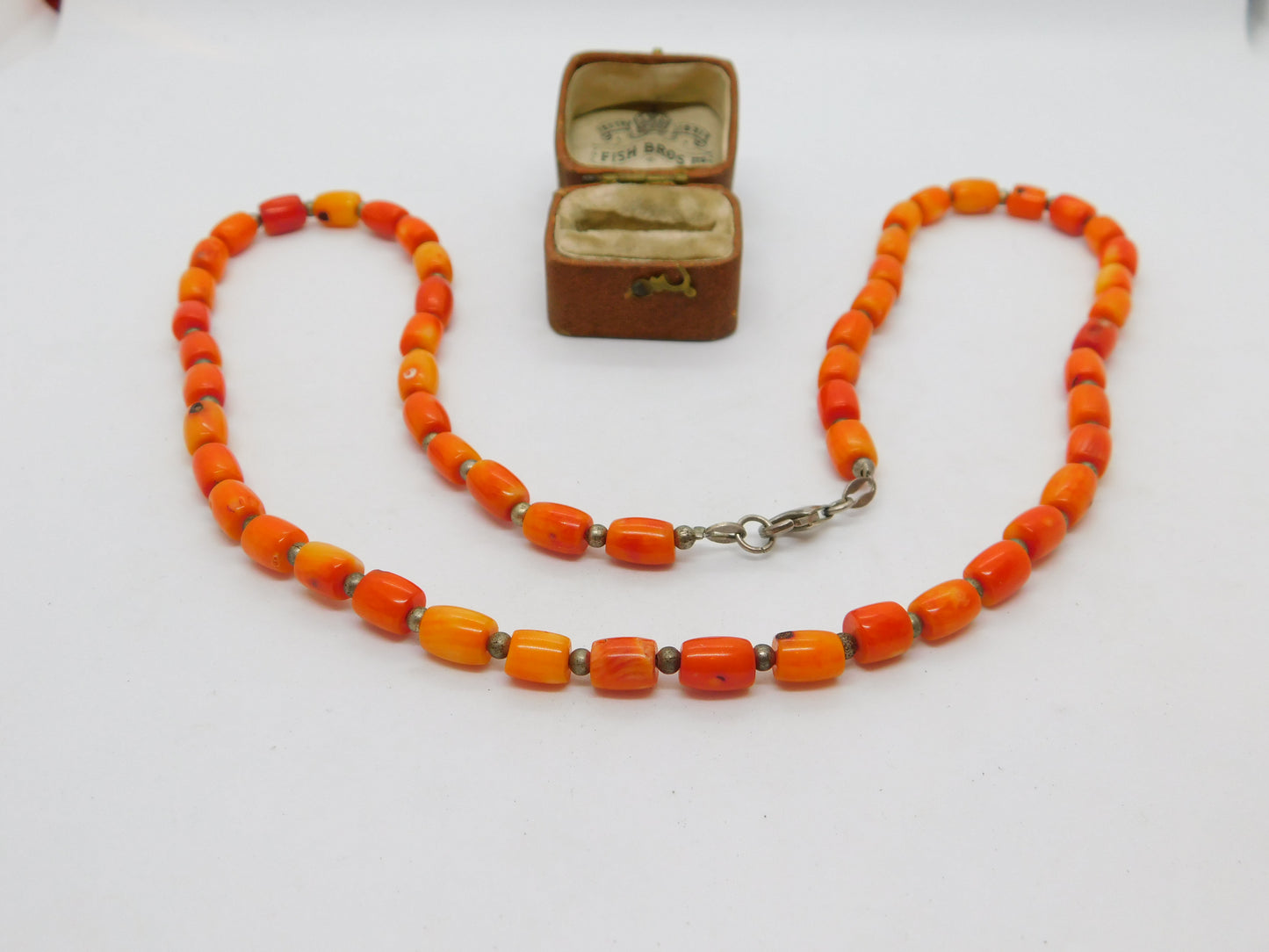 Sterling Silver & Natural Carved Red Coral Bead Necklace Antique c1930 58cm