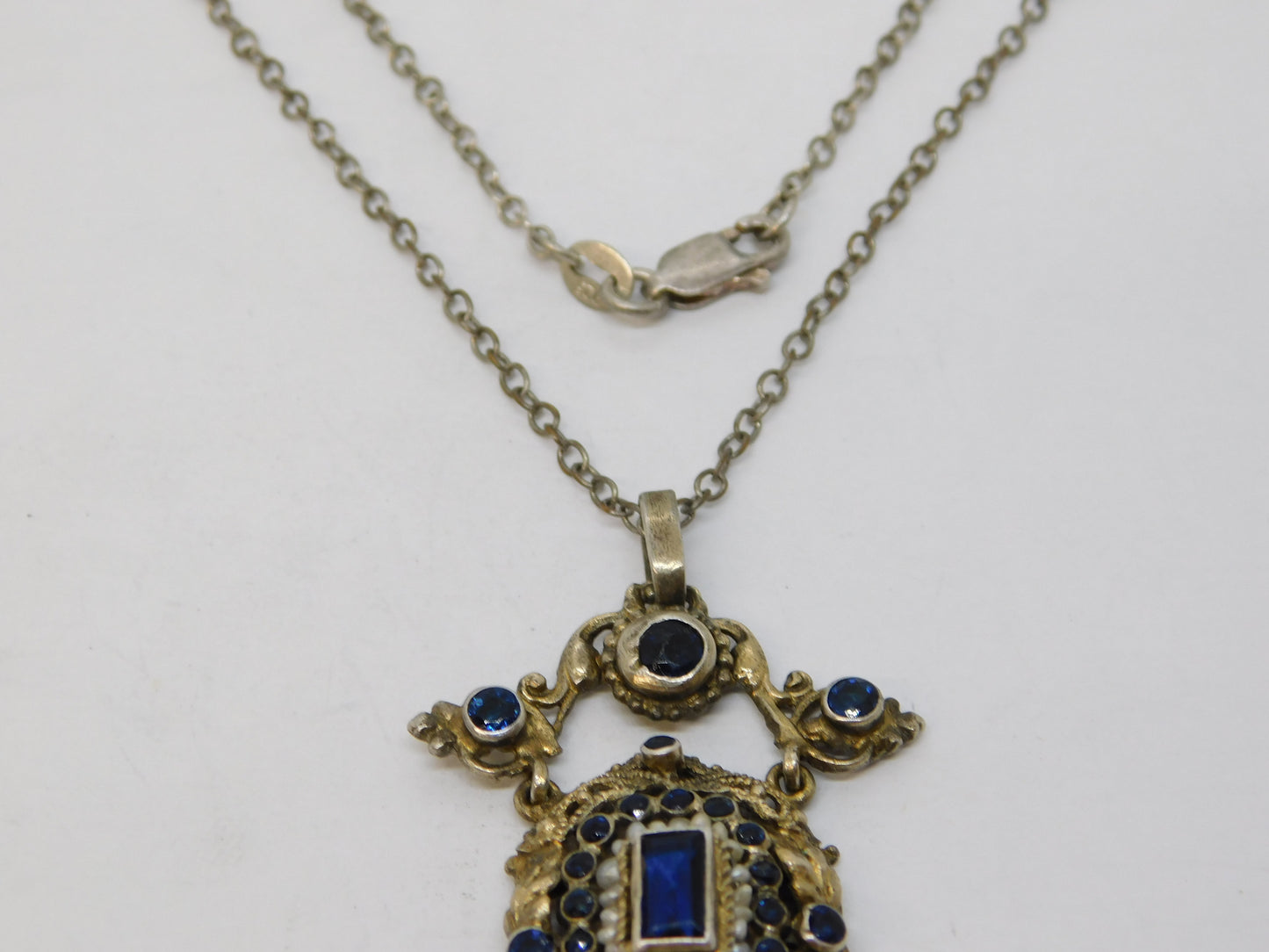 19th Century Austro-Hungarian Silver, Sapphire, Seed Pearl Pendant Necklace c1860