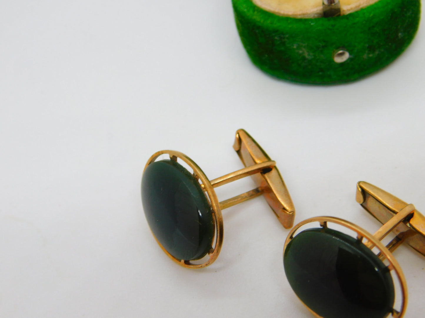 9ct Yellow Gold Nephrite Jade Set Gents Cufflinks Antique c1920 Art Deco