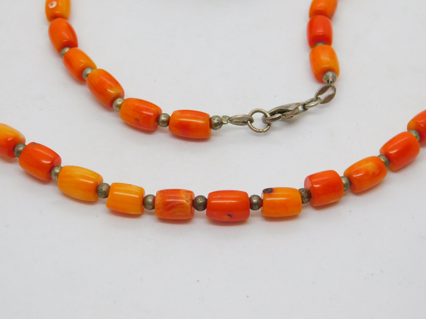 Sterling Silver & Natural Carved Red Coral Bead Necklace Antique c1930 58cm