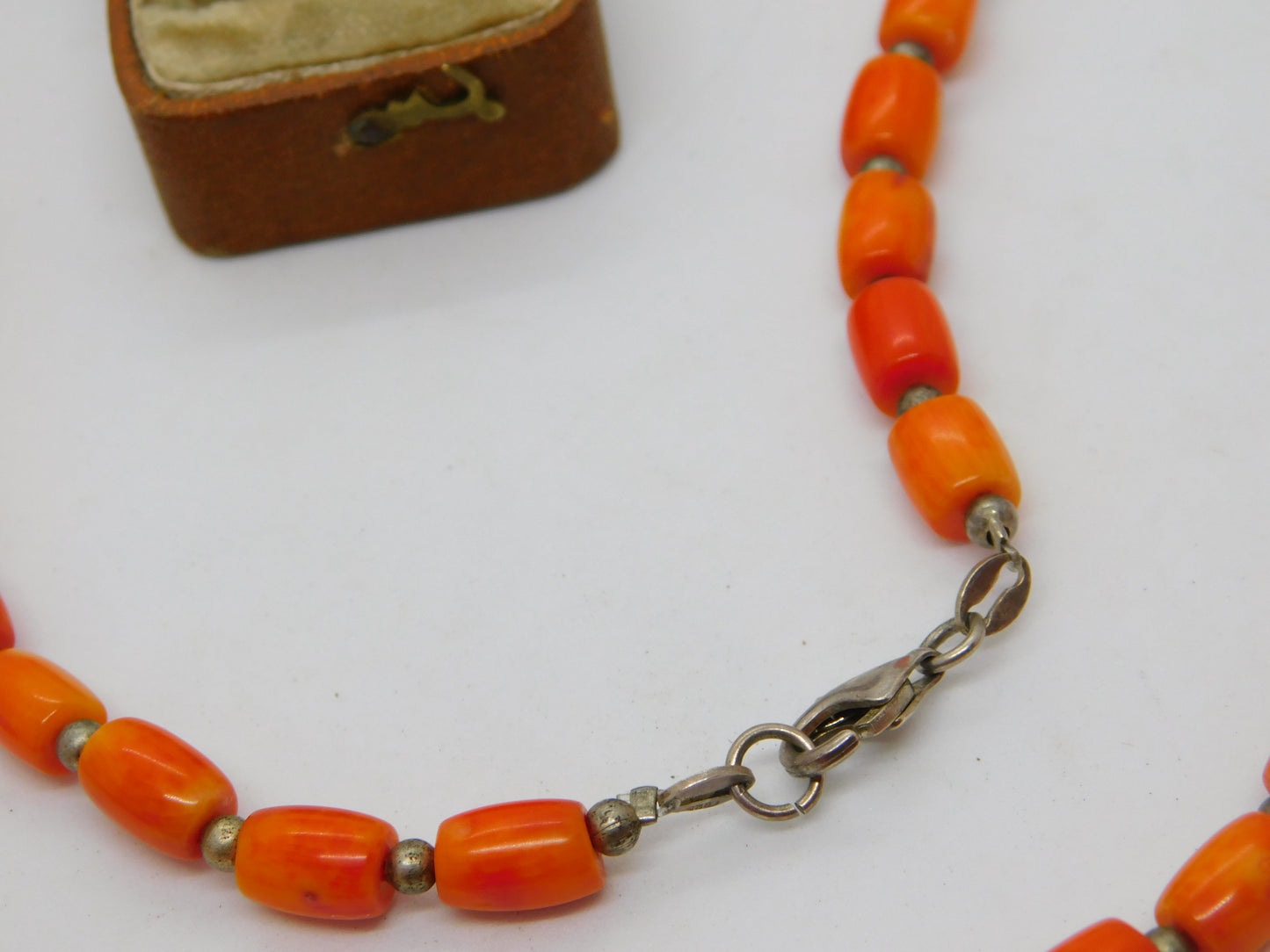 Sterling Silver & Natural Carved Red Coral Bead Necklace Antique c1930 58cm