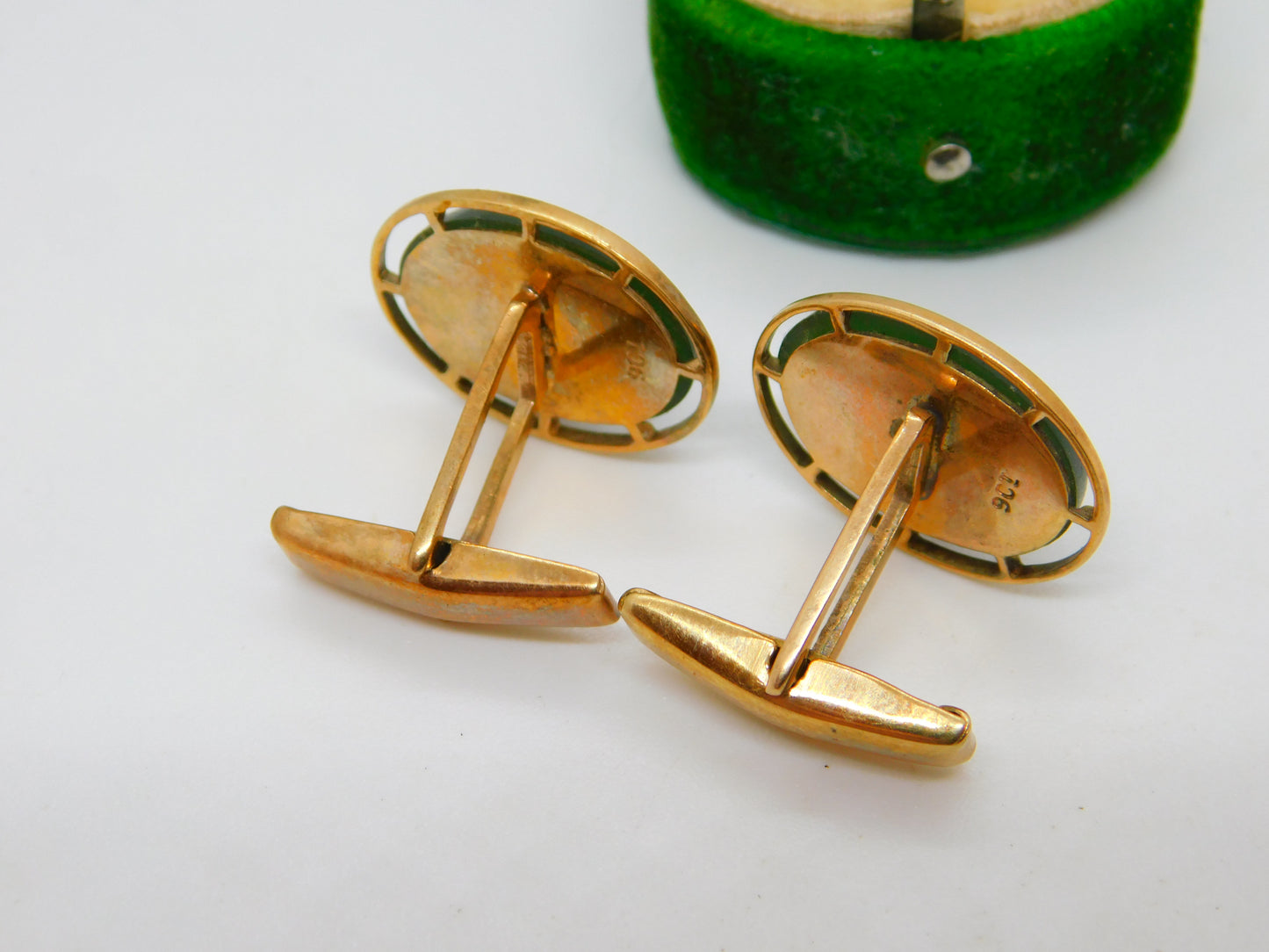 9ct Yellow Gold Nephrite Jade Set Gents Cufflinks Antique c1920 Art Deco