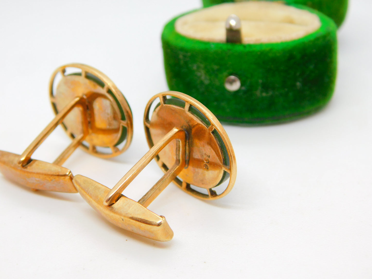 9ct Yellow Gold Nephrite Jade Set Gents Cufflinks Antique c1920 Art Deco