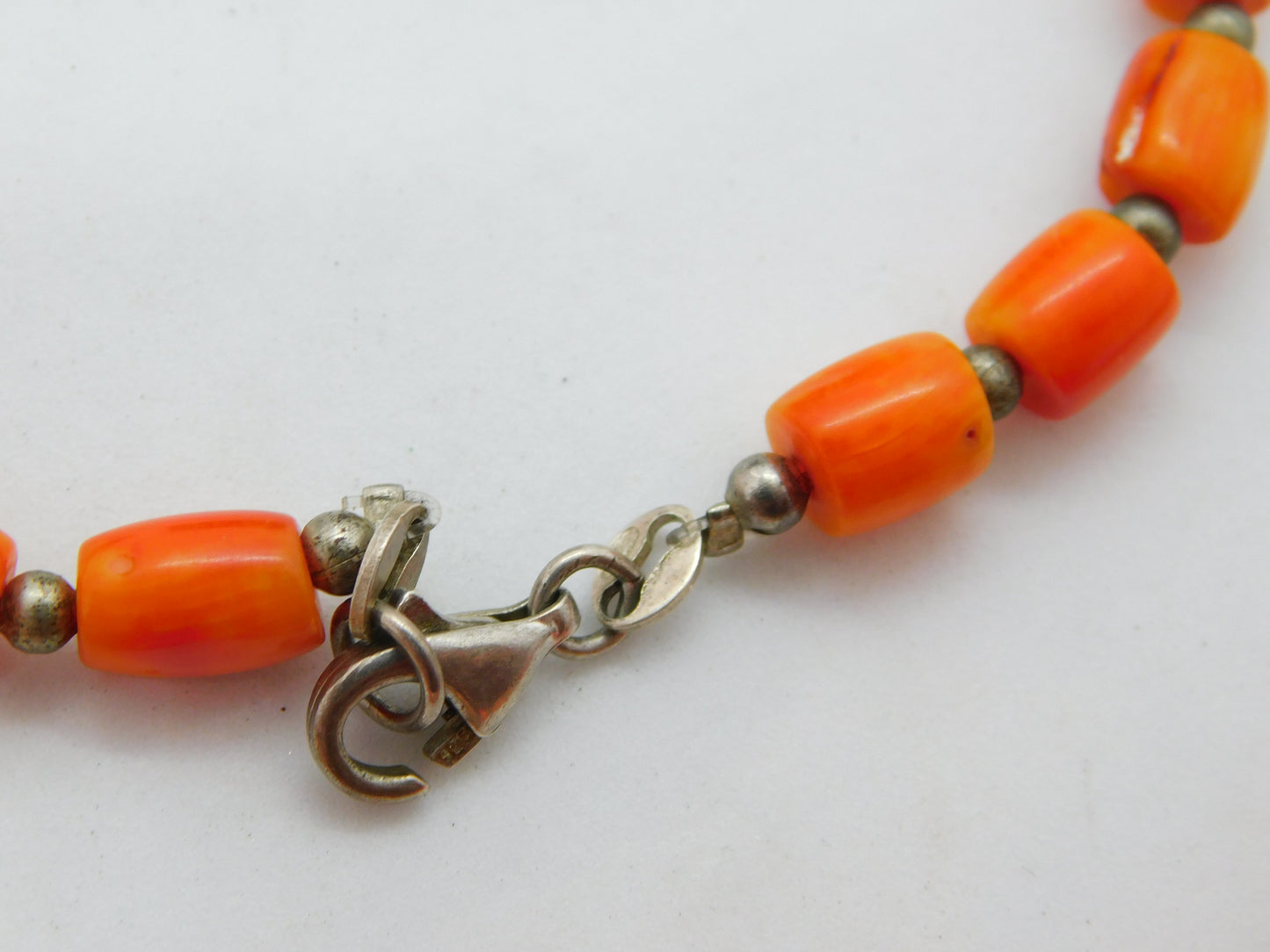 Sterling Silver & Natural Carved Red Coral Bead Necklace Antique c1930 58cm