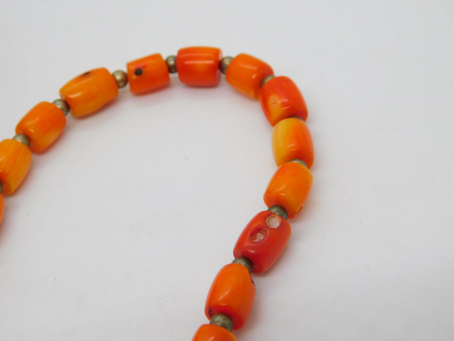 Sterling Silver & Natural Carved Red Coral Bead Necklace Antique c1930 58cm