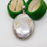 Yellow & Rose Gold on Sterling Silver Swallow Sweetheart Locket Pendant Antique c1880
