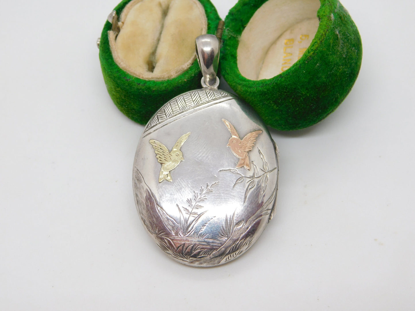 Yellow & Rose Gold on Sterling Silver Swallow Sweetheart Locket Pendant Antique c1880