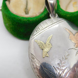 Yellow & Rose Gold on Sterling Silver Swallow Sweetheart Locket Pendant Antique c1880