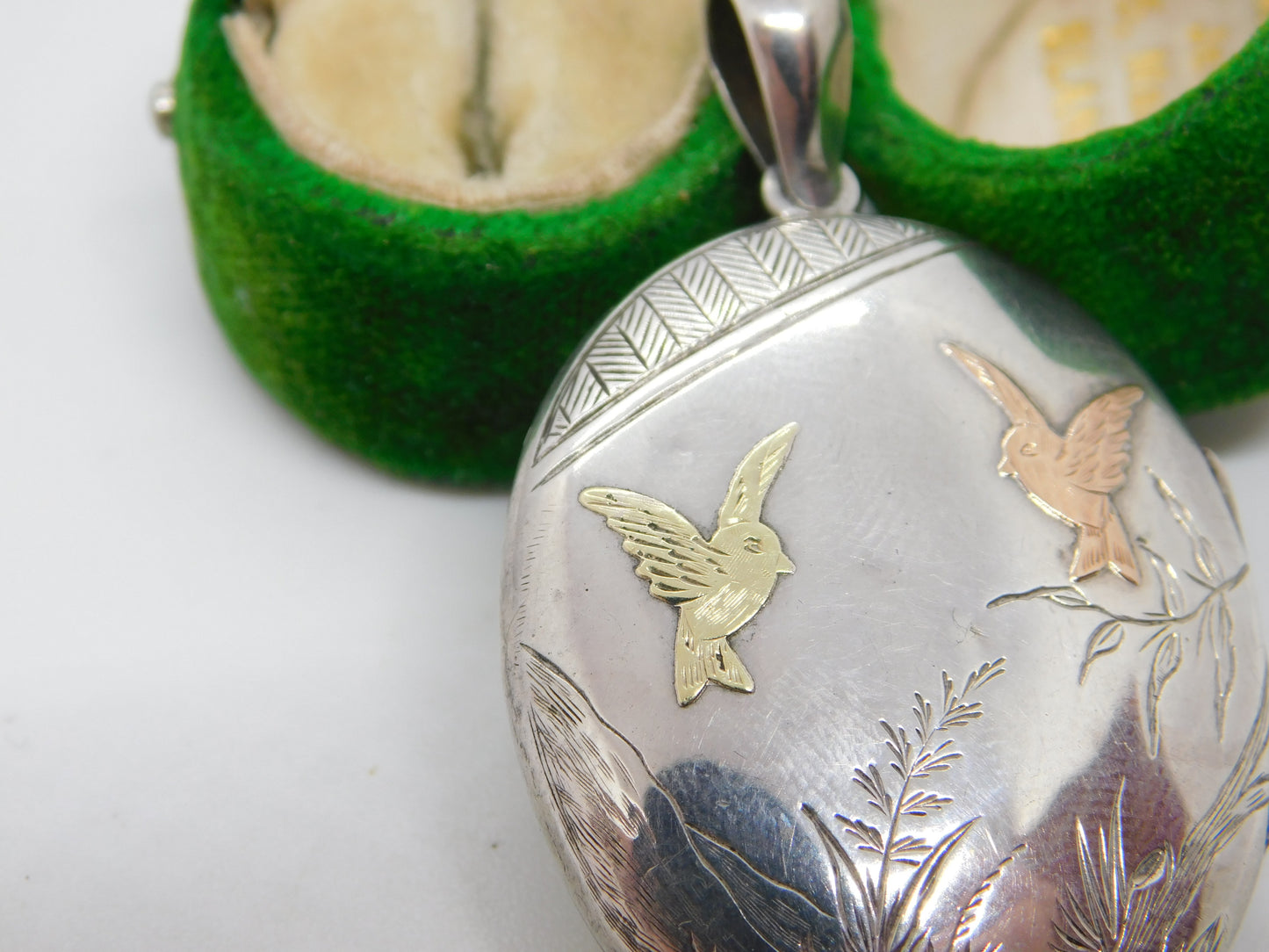 Yellow & Rose Gold on Sterling Silver Swallow Sweetheart Locket Pendant Antique c1880