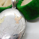 Yellow & Rose Gold on Sterling Silver Swallow Sweetheart Locket Pendant Antique c1880