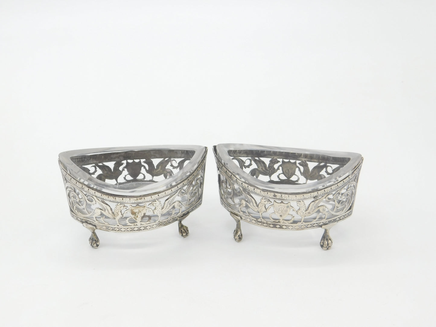 Georgian Pair of French Sterling Silver Griffin Pattern Salt Cellars c1810 on Paw Feet