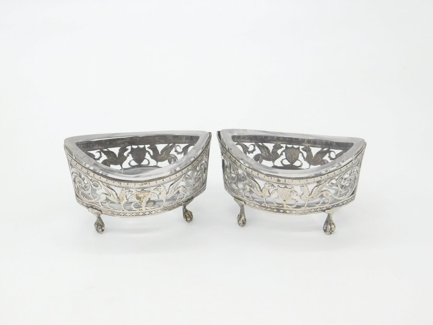 Georgian Pair of French Sterling Silver Griffin Pattern Salt Cellars c1810 on Paw Feet