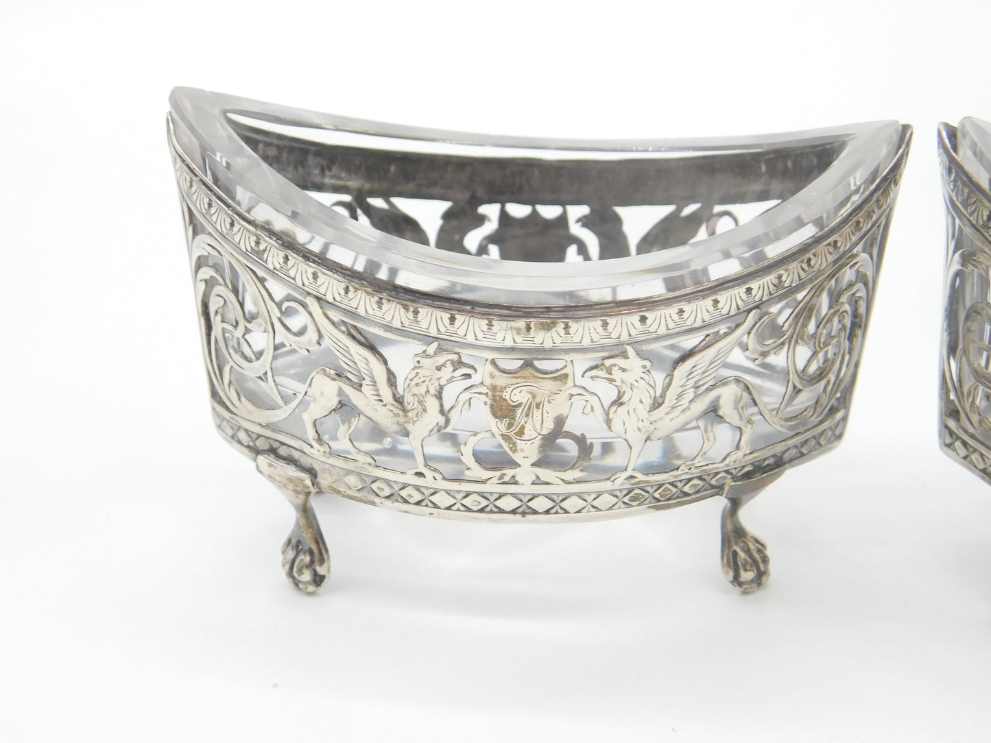 Georgian Pair of French Sterling Silver Griffin Pattern Salt Cellars c1810 on Paw Feet