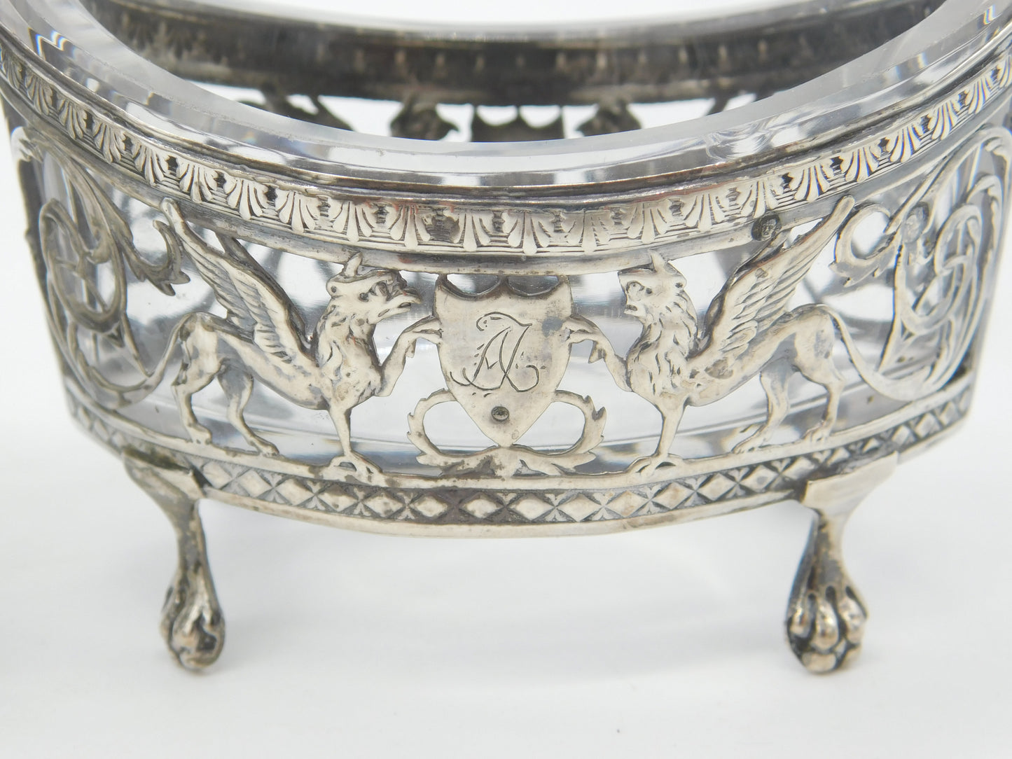 Georgian Pair of French Sterling Silver Griffin Pattern Salt Cellars c1810 on Paw Feet