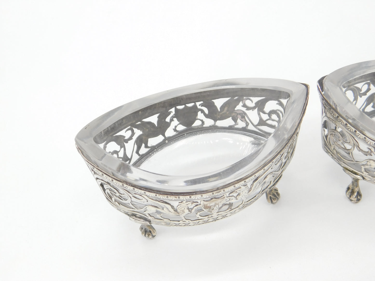 Georgian Pair of French Sterling Silver Griffin Pattern Salt Cellars c1810 on Paw Feet